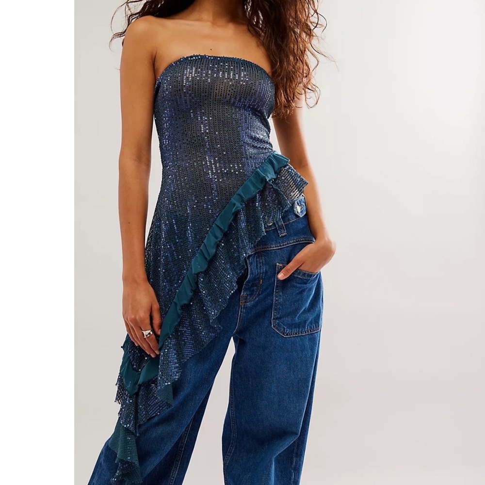 Free People Taylor Sequin Tube Top Asymmetrical Ruffle Women Small Mermaid Glam
